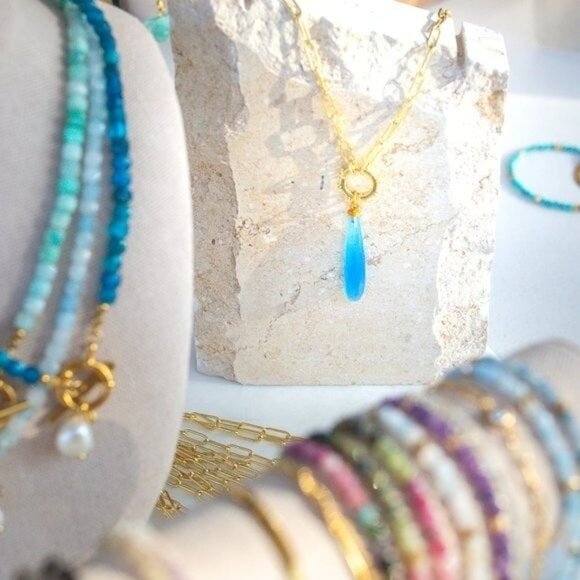 Gold Chain Pendant Necklace Gemstone Pendant Blue Chalcedony BEAUTIFUL Necklace - Picture 8 of 12